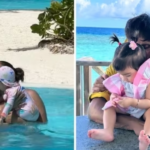 As Bipasha Basu celebrates her 45th birthday in the Maldives, her daughter Devi and father Karan Singh Grover show her all of their love.